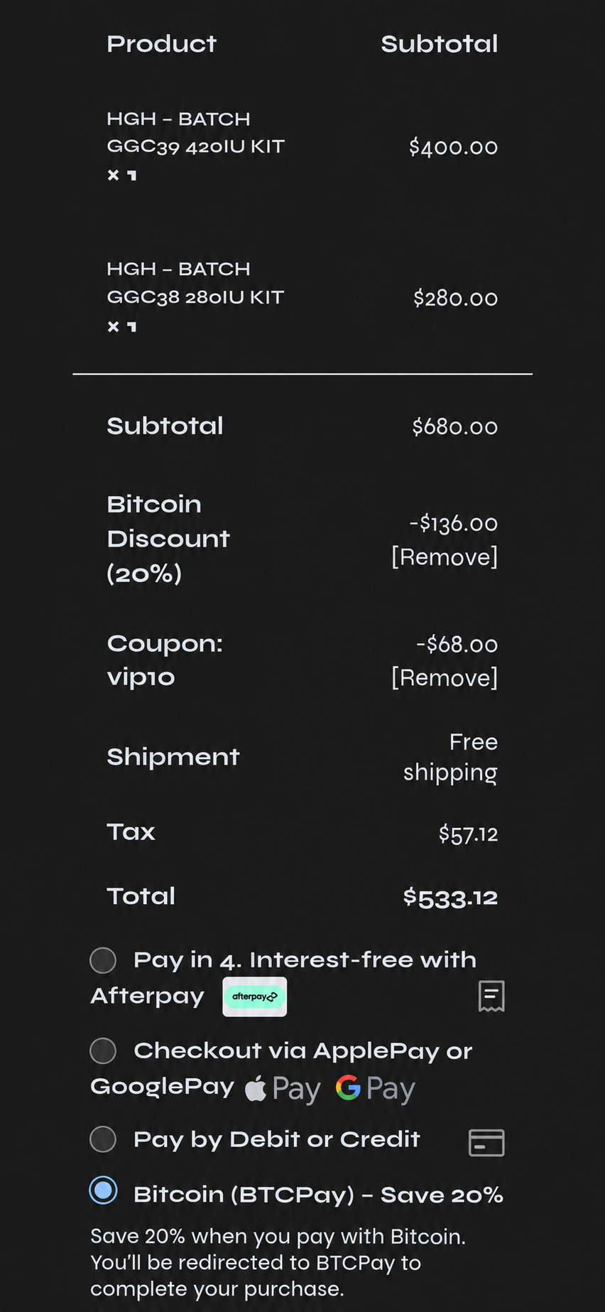 Growth Guys checkout summary showing the Bitcoin discount, VIP10 coupon, free shipping, tax, and final total.