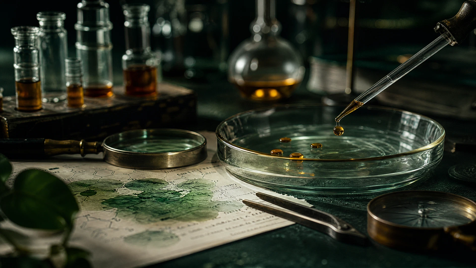 Editorial research desk with a journal, pencil, magnifying glass, and maple leaf paperweight